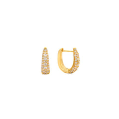 18K gold pavé huggie hoop earrings set with rows of cubic zirconia, shown as a pair, from Zoé Jewelry.