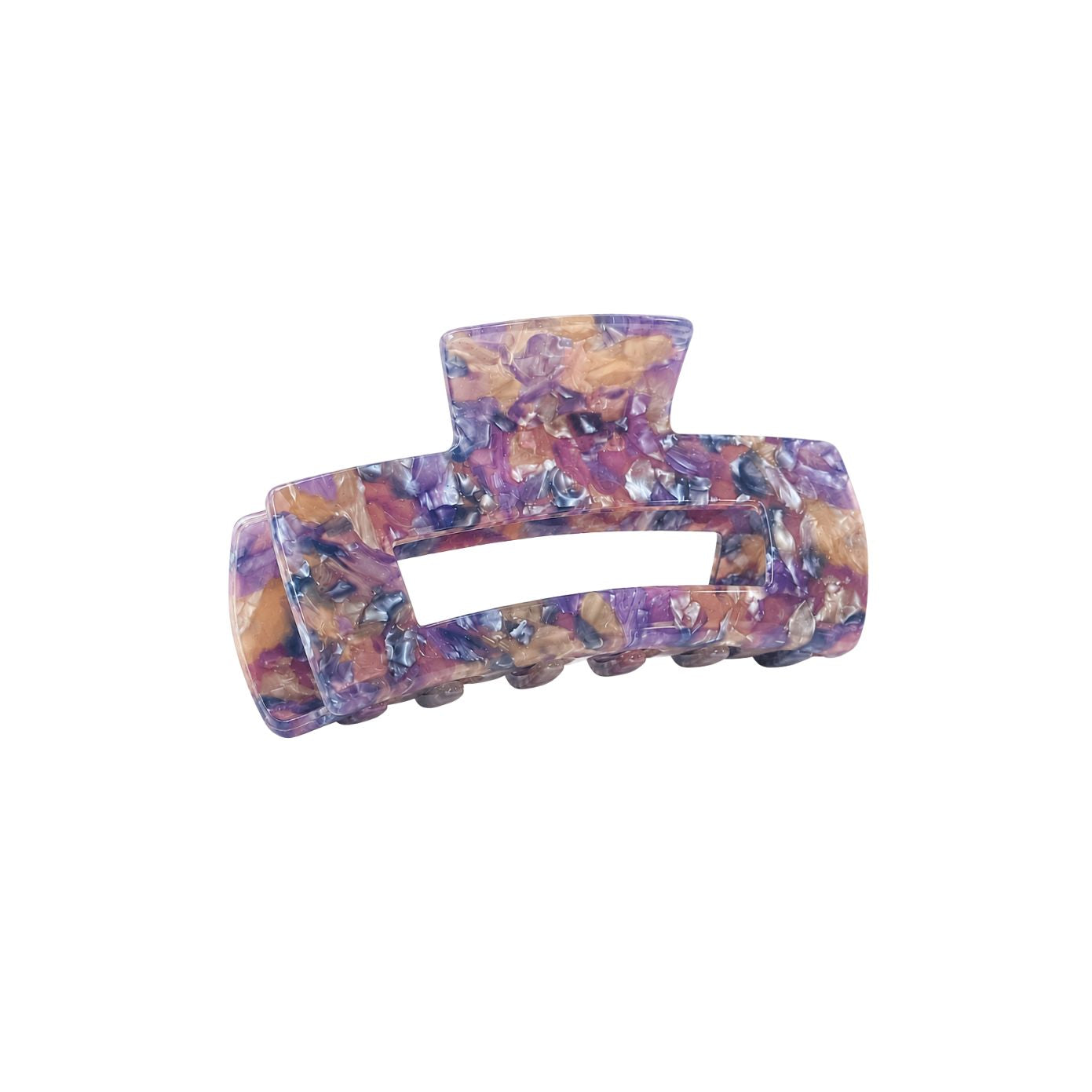 Victoria rectangular claw clip in Lavender Latte purple-amber marble cellulose acetate, side view