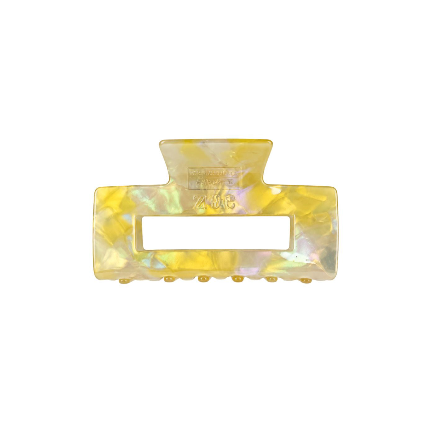 Victoria large rectangular claw clip in Citrus iridescent yellow pearl cellulose acetate