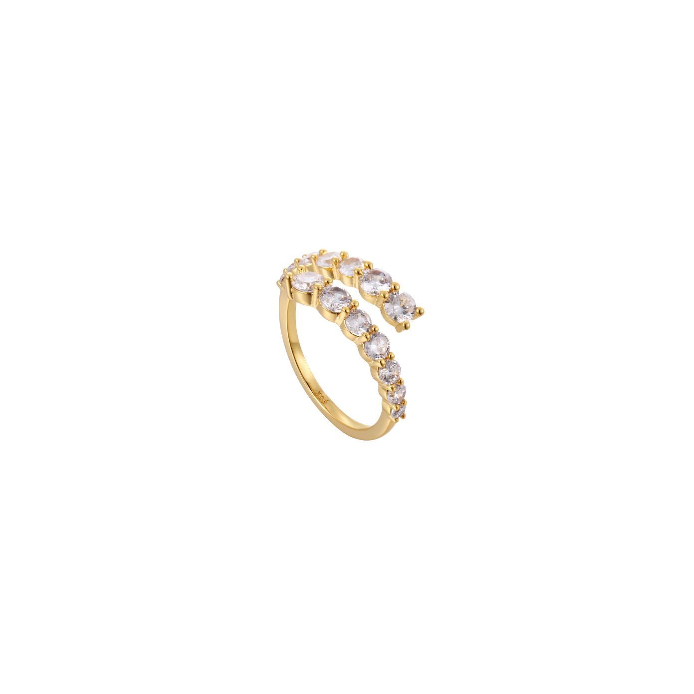 Gold open adjustable bypass ring with a double row of round clear cubic zirconia, 18k gold plating.