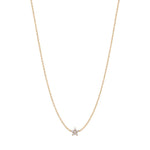 Dainty gold fine chain necklace with a cubic zirconia five-petal flower pendant, in 18k gold plating.