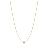 Dainty gold fine chain necklace with a cubic zirconia five-petal flower pendant, in 18k gold plating.