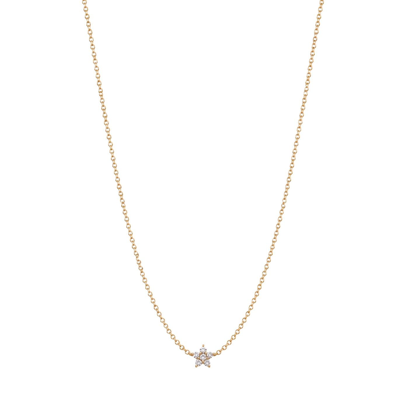 Dainty gold fine chain necklace with a cubic zirconia five-petal flower pendant, in 18k gold plating.