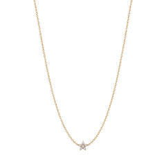 Dainty gold fine chain necklace with a cubic zirconia five-petal flower pendant, in 18k gold plating.