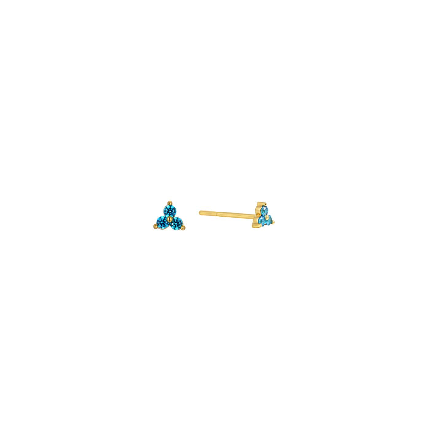 Dainty gold trio-cluster stud earrings with three blue cubic zirconia stones, post-back, in 18k gold plating.