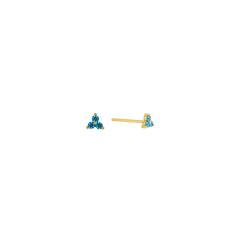 Dainty gold trio-cluster stud earrings with three blue cubic zirconia stones, post-back, in 18k gold plating.