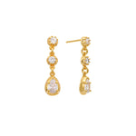 Gold drop earrings with graduated round and pear-cut clear cubic zirconia, post-back, in 18k gold plating.