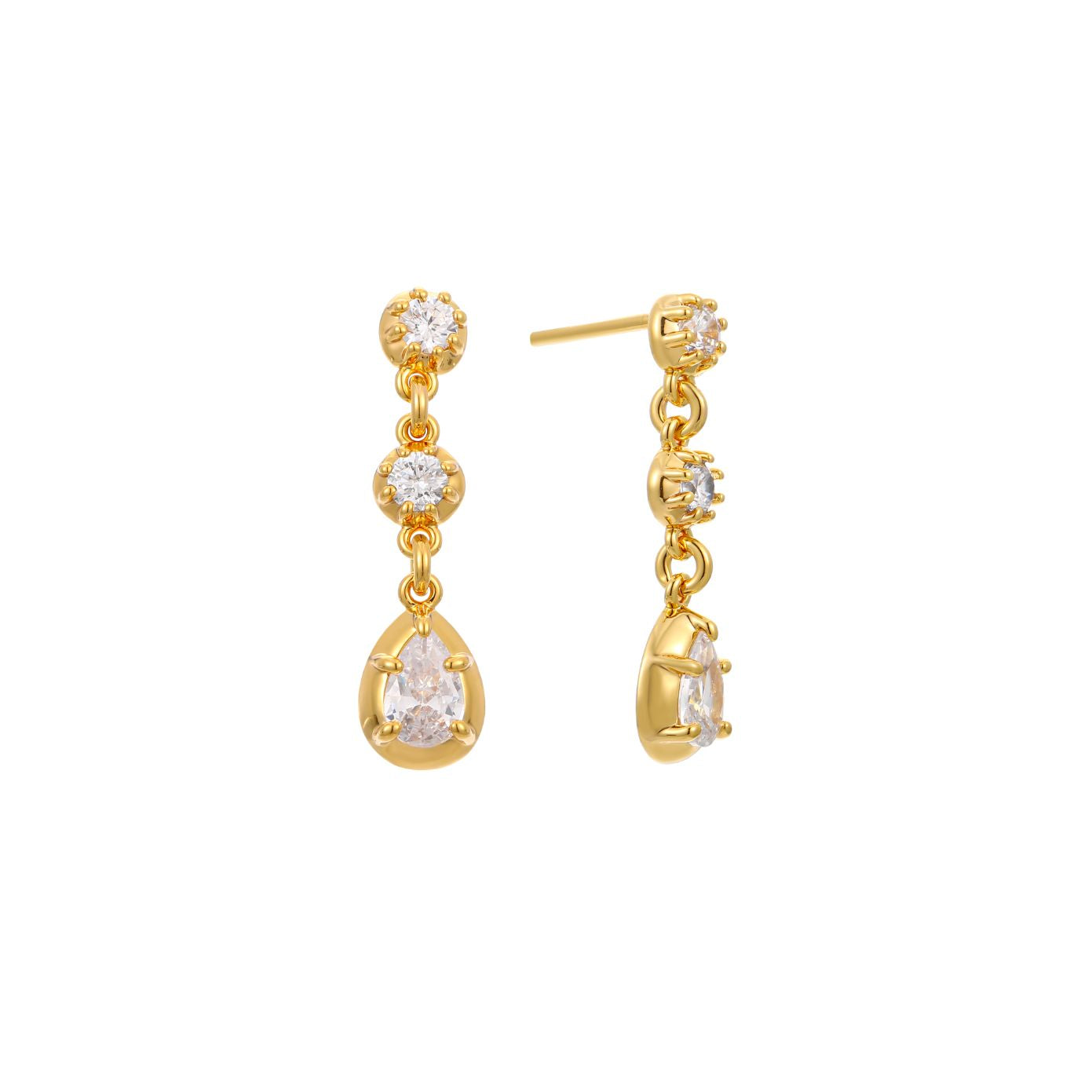 Gold drop earrings with graduated round and pear-cut clear cubic zirconia, post-back, in 18k gold plating.