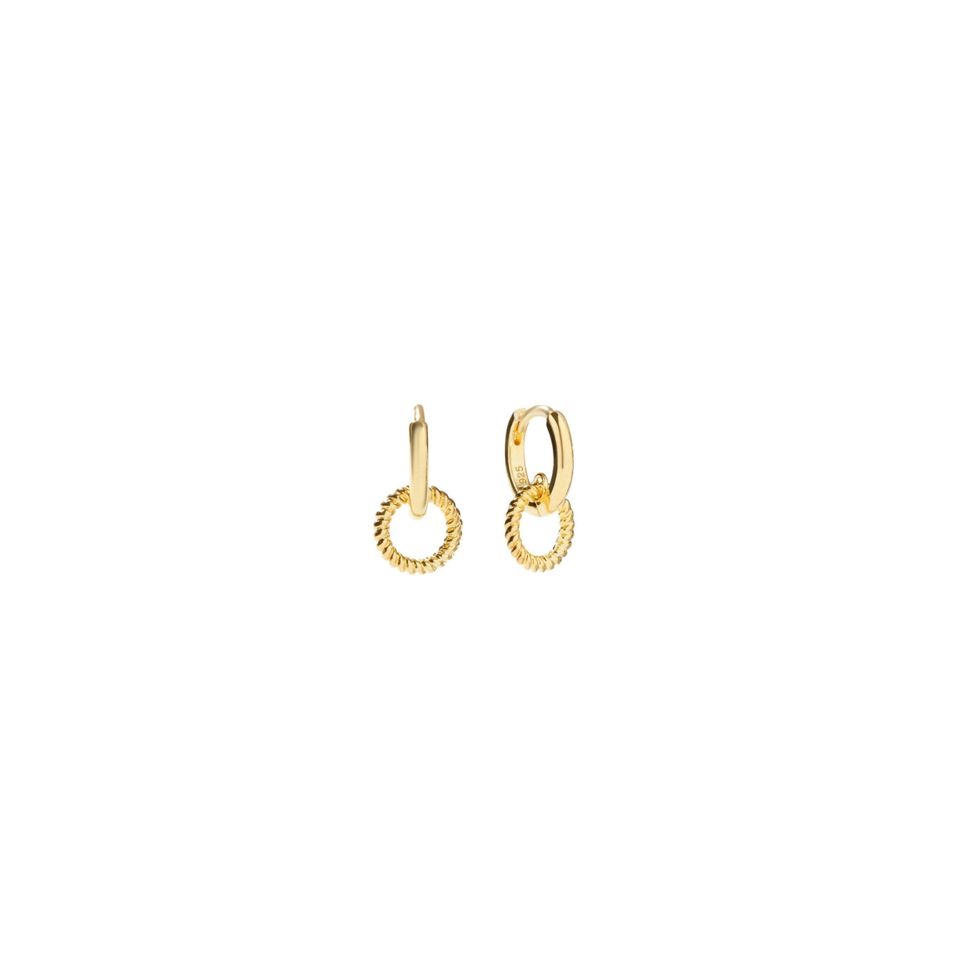 Gold huggie hoop earrings with a twisted rope-textured drop ring, in 18k gold plating.
