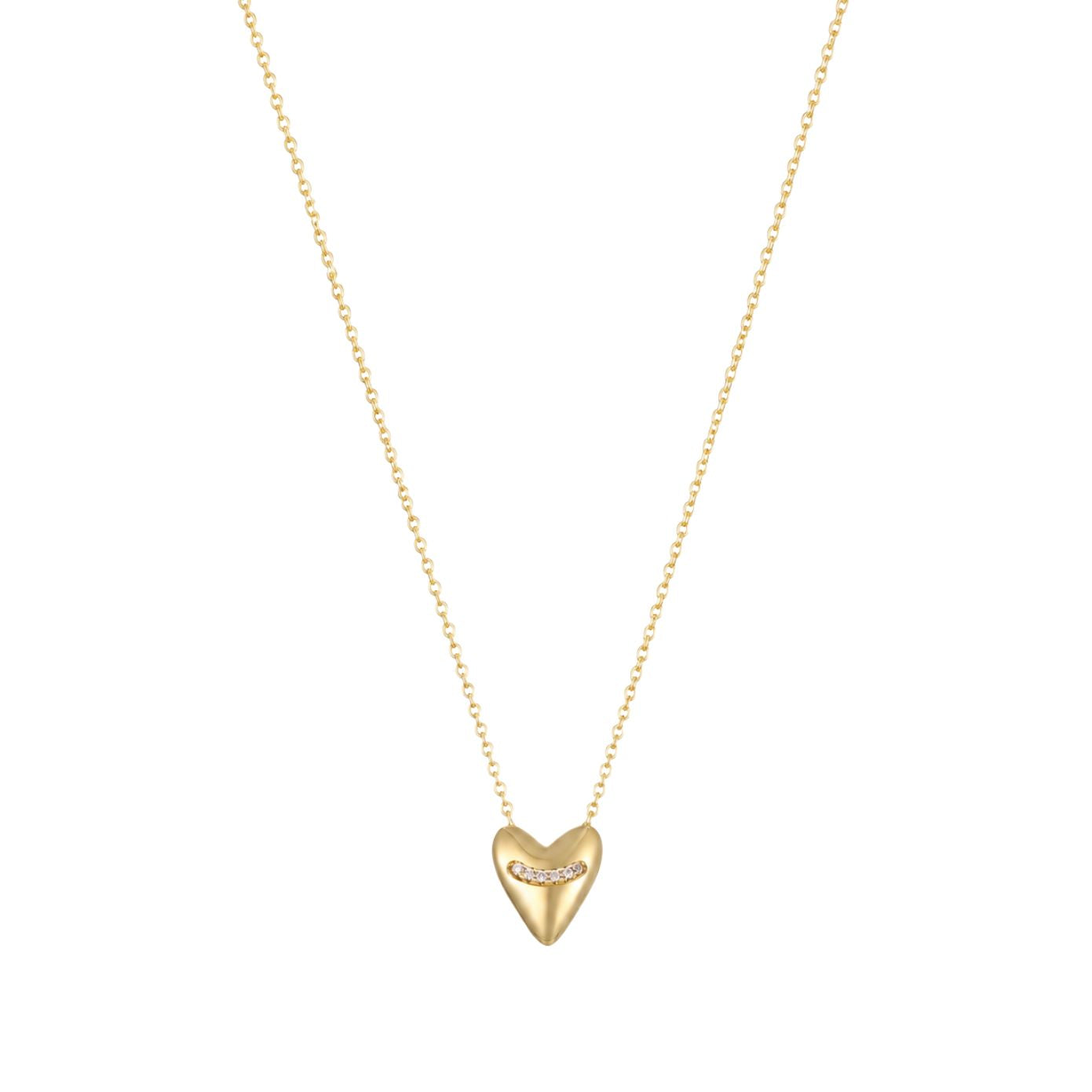 Dainty gold fine chain necklace with a puffed heart pendant and cubic zirconia accent, in 18k gold plating.