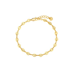 Gold mariner-link chain bracelet with puffed coffee-bean links, lobster clasp, adjustable extender, and Zoé signature tag, in 18k gold plating.