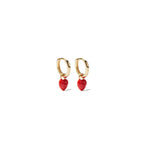 Gold huggie hoop earrings with a red enamel heart charm, in 18k gold plating.