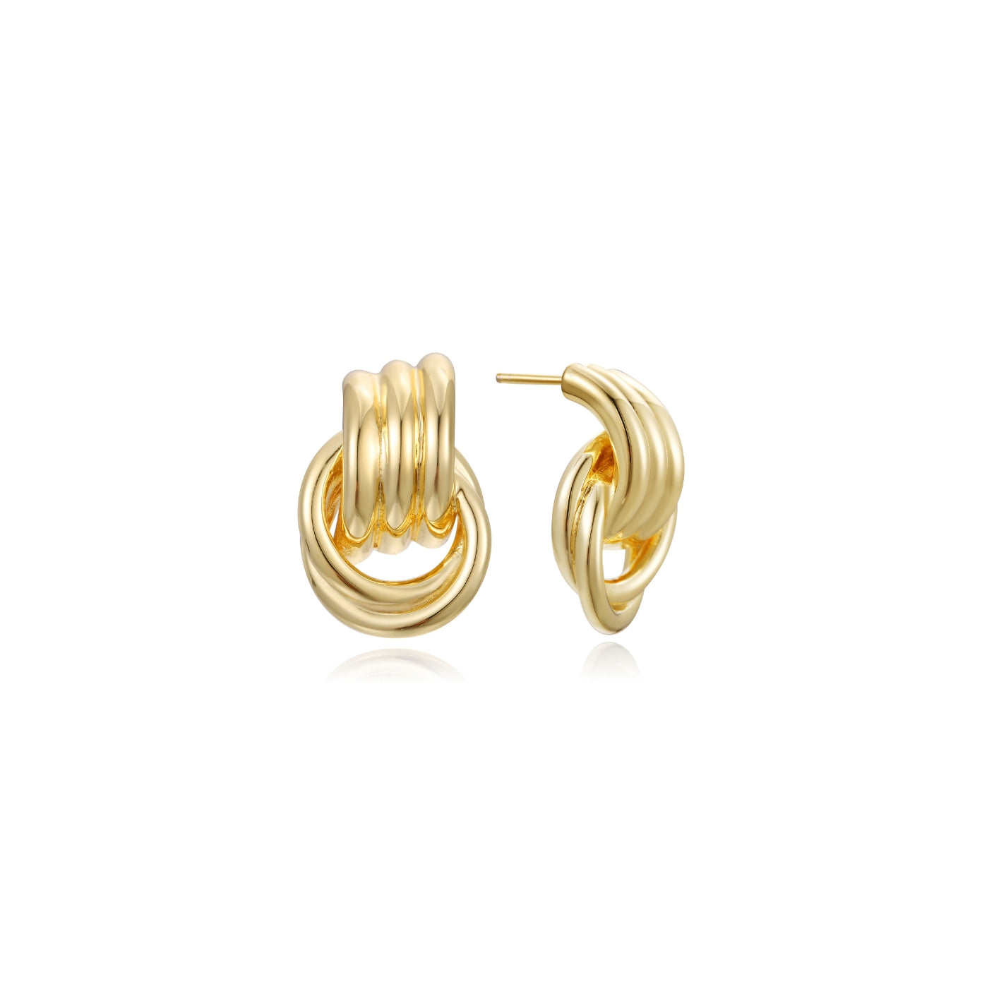 Bold gold interlocking ribbed knot statement earrings, doorknocker style, post-back, in 18k gold plating.