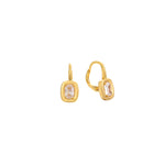 Gold lever-back drop earrings with a cushion-cut clear cubic zirconia in a polished gold frame, in 18k gold plating.