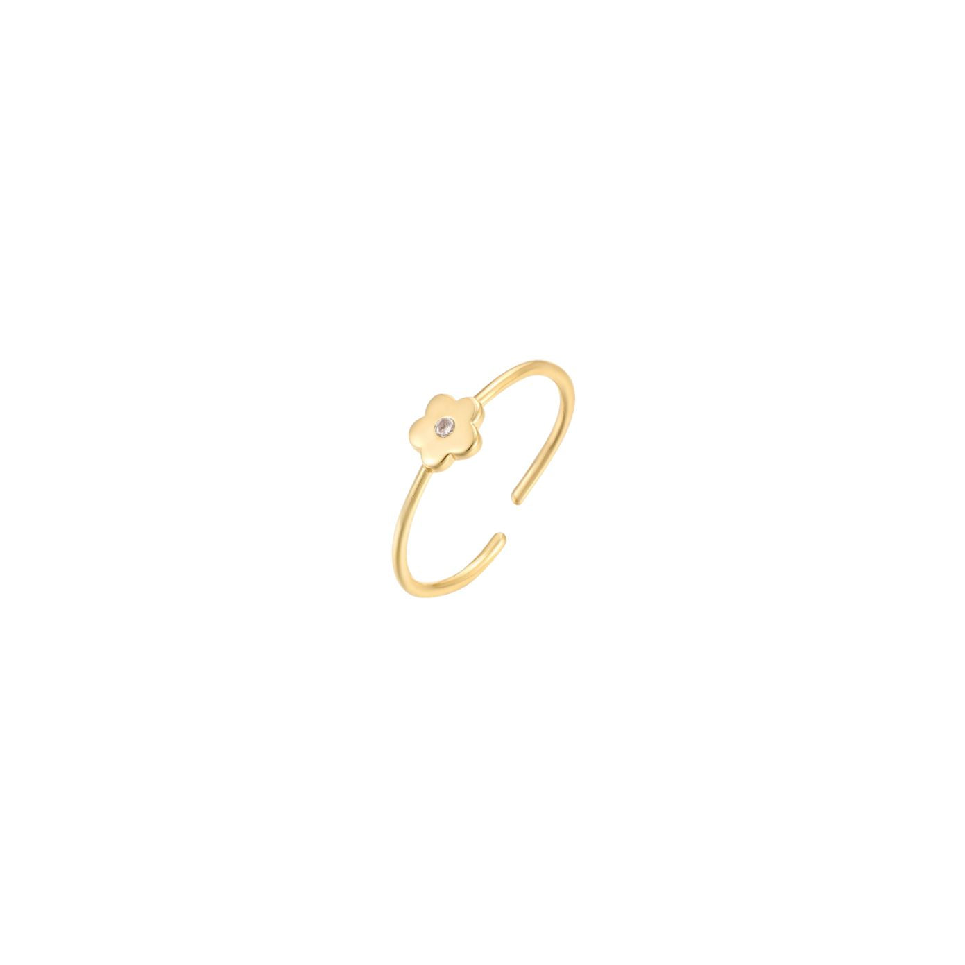 Dainty fine gold open adjustable ring with a small gold daisy and cubic zirconia centre, 18k gold plating.