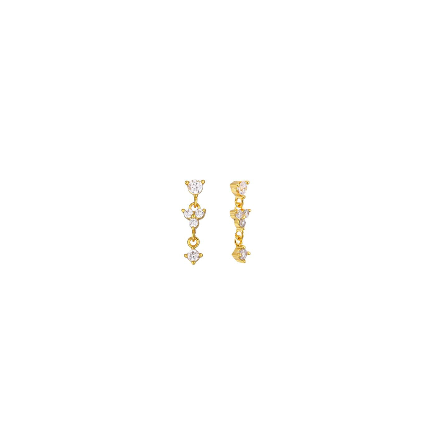 Dainty gold drop earrings with linked clear cubic zirconia stones, post-back, in 18k gold plating.