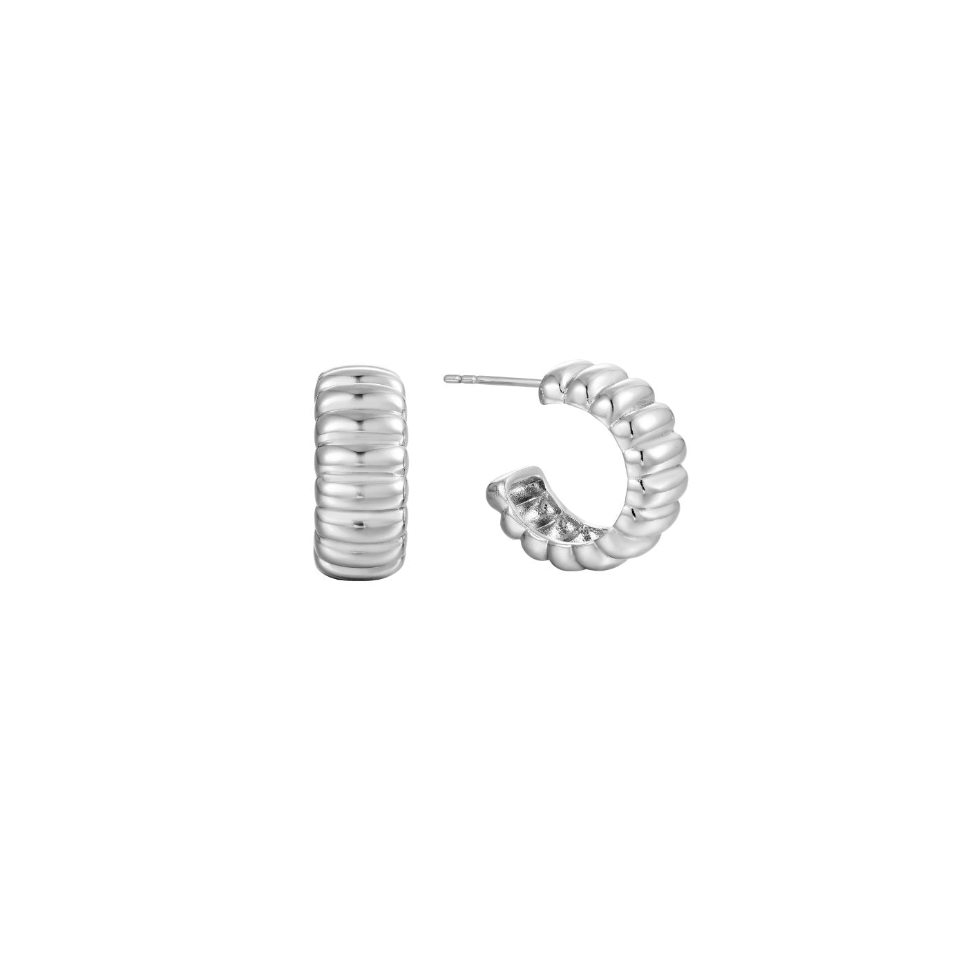 Chunky silver C-hoop earrings with a ribbed croissant texture, post-back, in stainless steel.