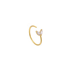 Dainty fine gold open adjustable ring with two angled marquise clear cubic zirconia stones, 18k gold plating.