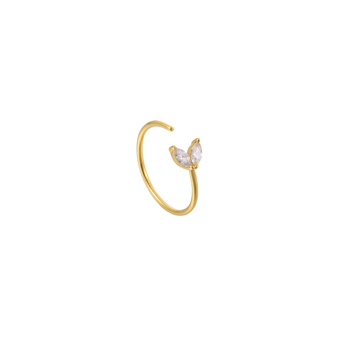 Dainty fine gold open adjustable ring with two angled marquise clear cubic zirconia stones, 18k gold plating.