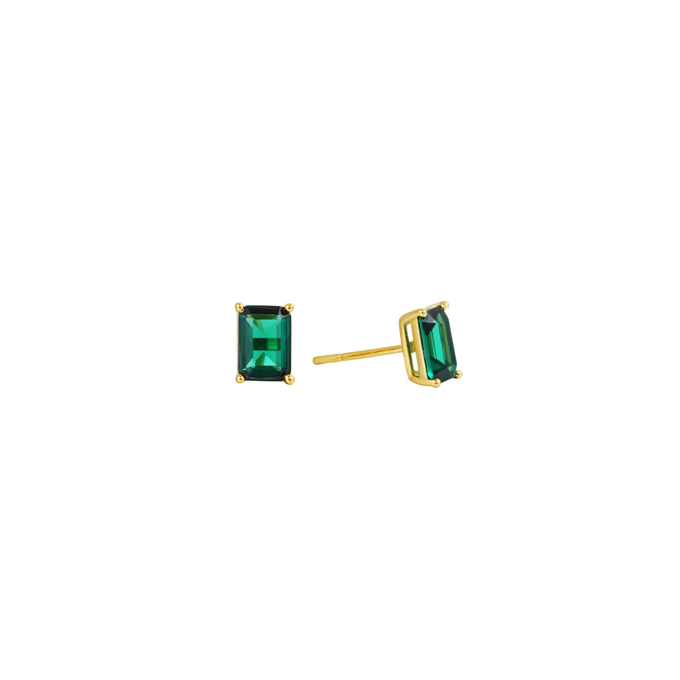 Emerald-green cubic zirconia emerald-cut stud earrings in 18k gold-plated prong settings, on gold posts.