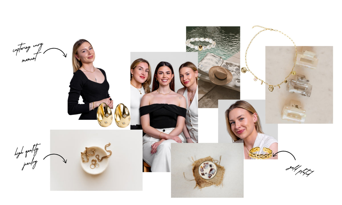 Zoé Jewelry lifestyle collage featuring women wearing gold jewelry, necklaces, earrings and everyday accessories