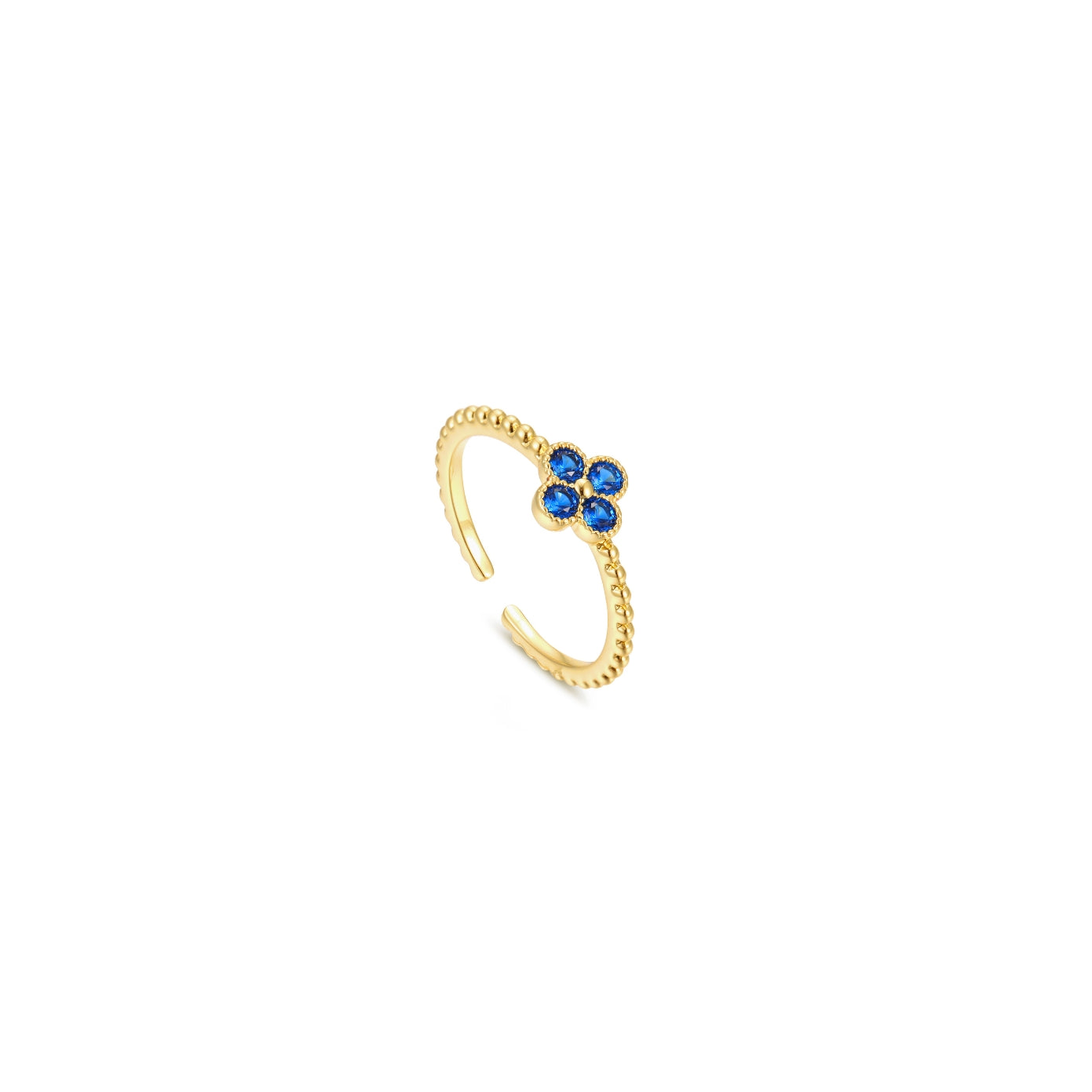 Dainty gold beaded open adjustable ring with a blue cubic zirconia four-petal flower, 18k gold plating.