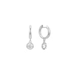 Silver huggie hoop earrings with a round clear cubic zirconia solitaire drop, in stainless steel.