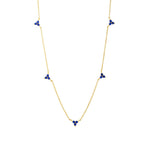 Dainty gold fine chain necklace with sapphire-blue stone bead trio-cluster stations, in 18k gold plating.