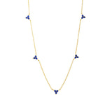 Dainty gold fine chain necklace with sapphire-blue stone bead trio-cluster stations, in 18k gold plating.