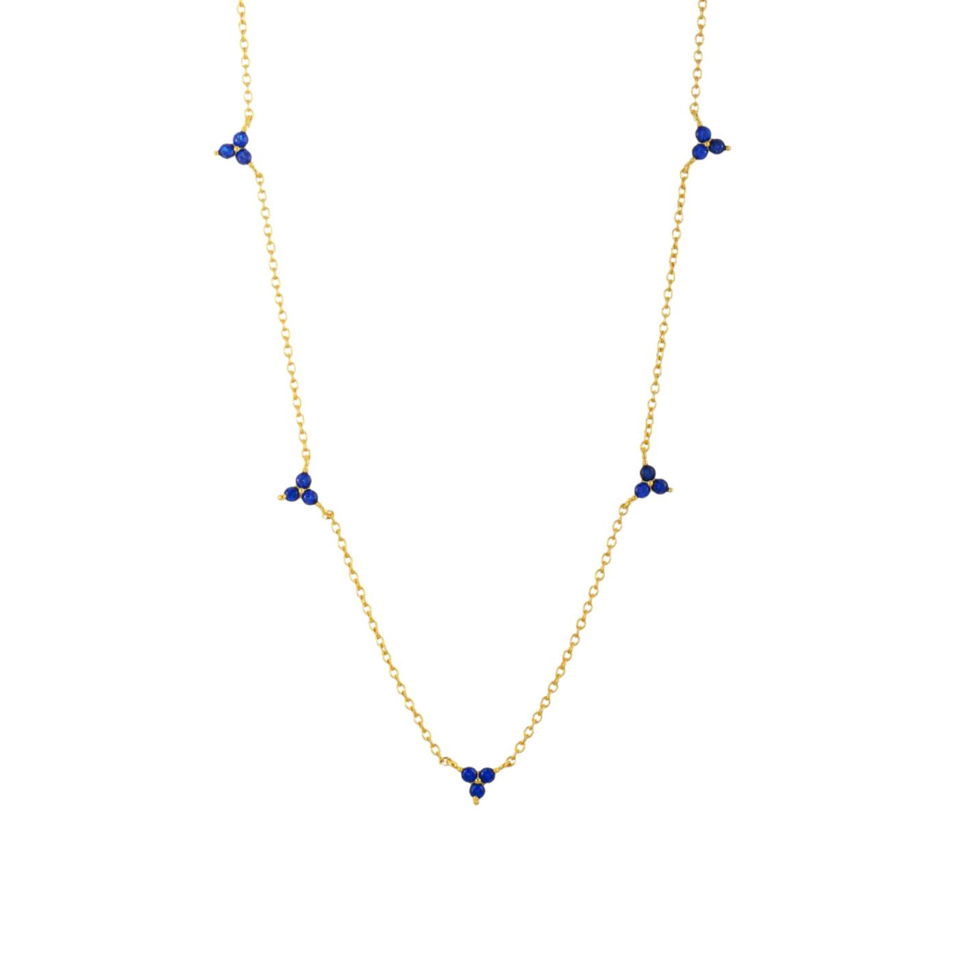 Dainty gold fine chain necklace with sapphire-blue stone bead trio-cluster stations, in 18k gold plating.