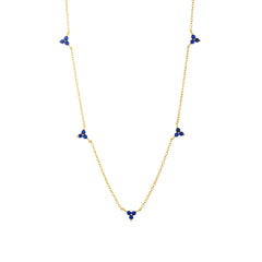 Dainty gold fine chain necklace with sapphire-blue stone bead trio-cluster stations, in 18k gold plating.