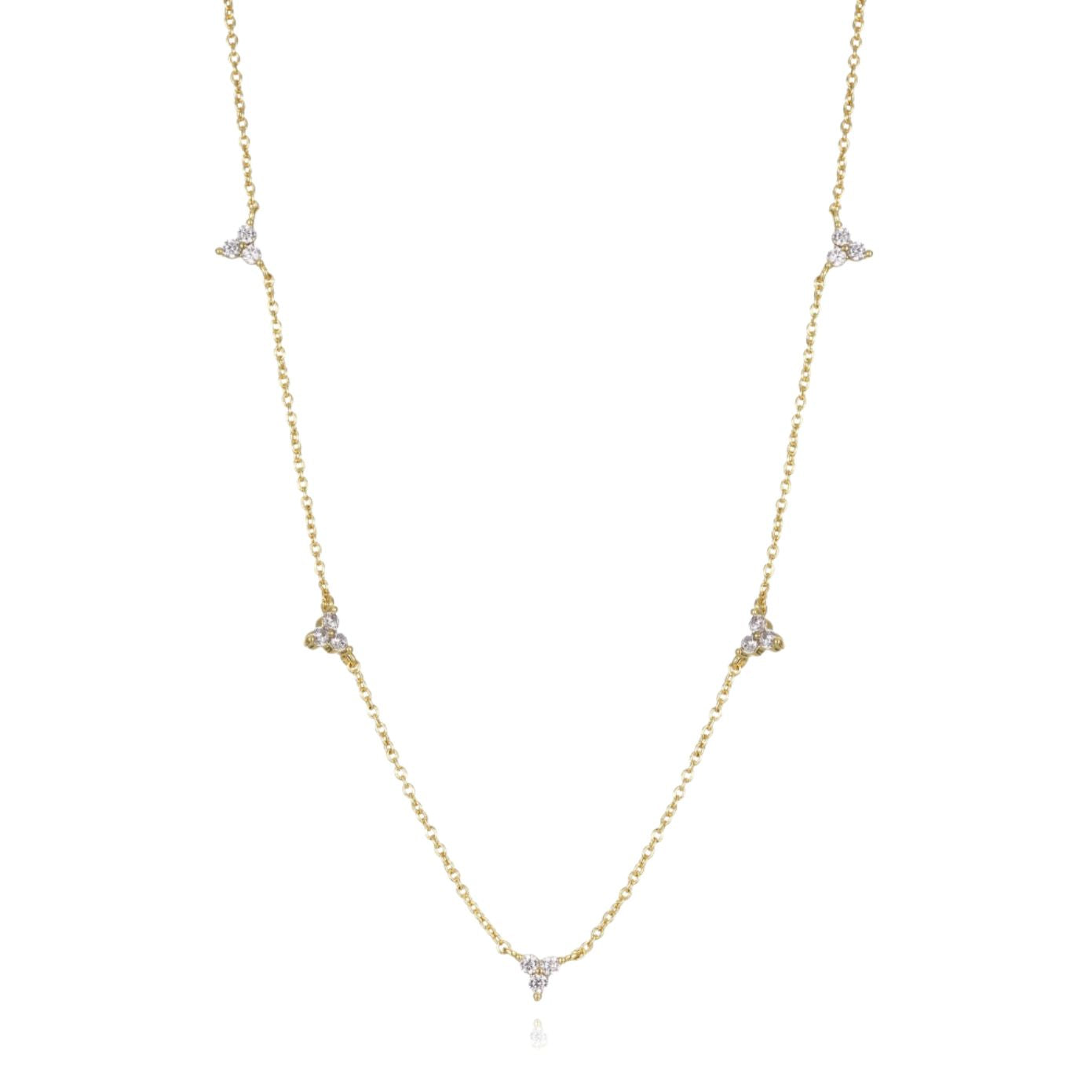 Dainty gold fine chain necklace with clear cubic zirconia trio-cluster stations, in 18k gold plating.