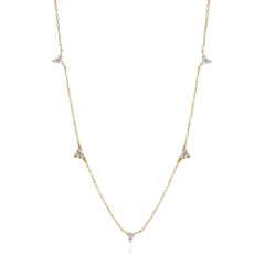 Dainty gold fine chain necklace with clear cubic zirconia trio-cluster stations, in 18k gold plating.