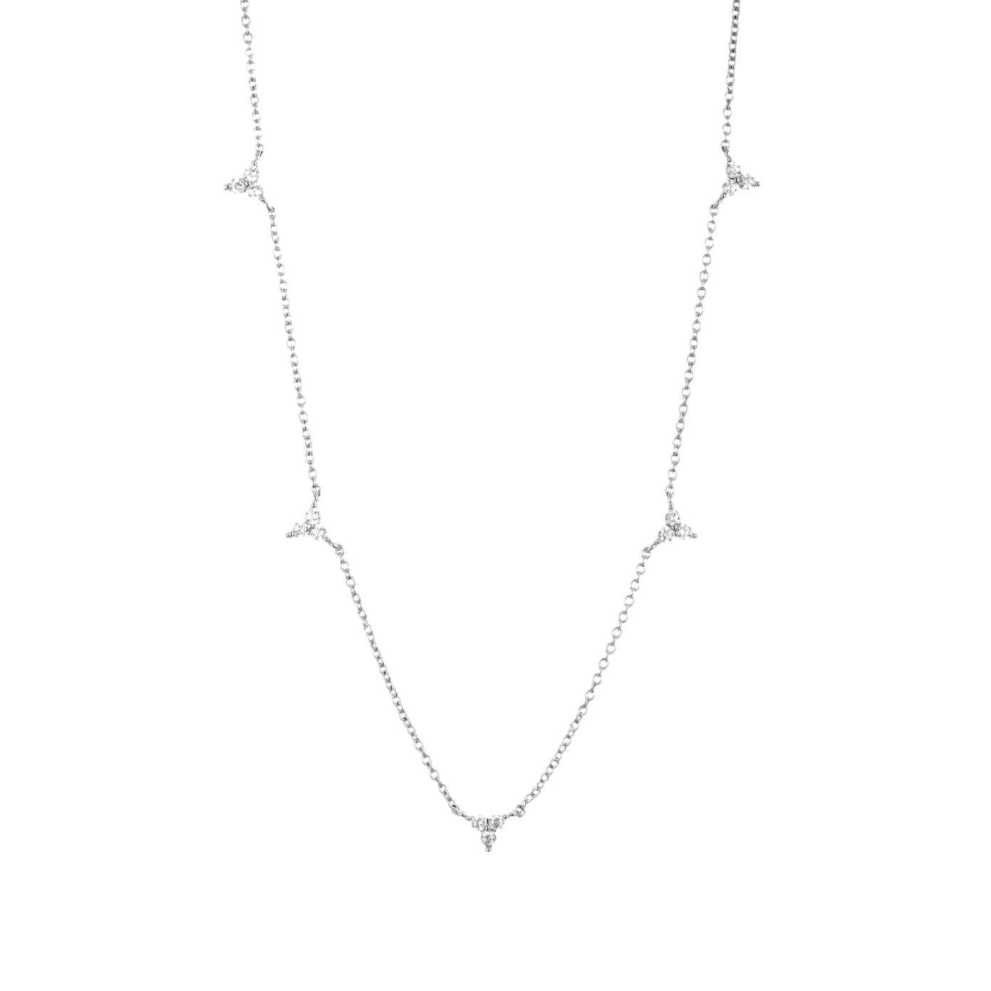Dainty silver fine chain necklace with clear cubic zirconia trio-cluster stations, in stainless steel.