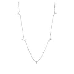 Dainty silver fine chain necklace with clear cubic zirconia trio-cluster stations, in stainless steel.