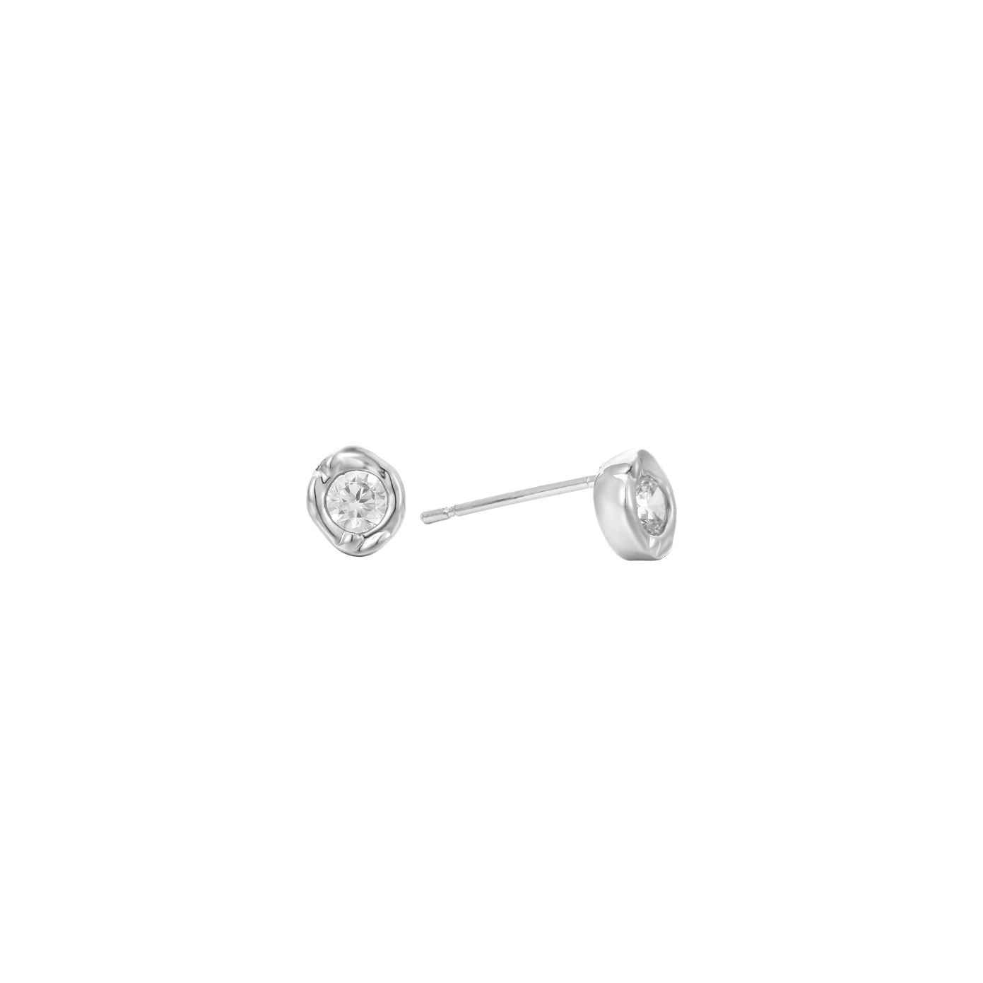 Silver stud earrings with a round clear cubic zirconia in an organic molten bezel, post-back, in stainless steel.