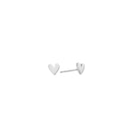 Dainty polished silver heart stud earrings, post-back, in stainless steel.