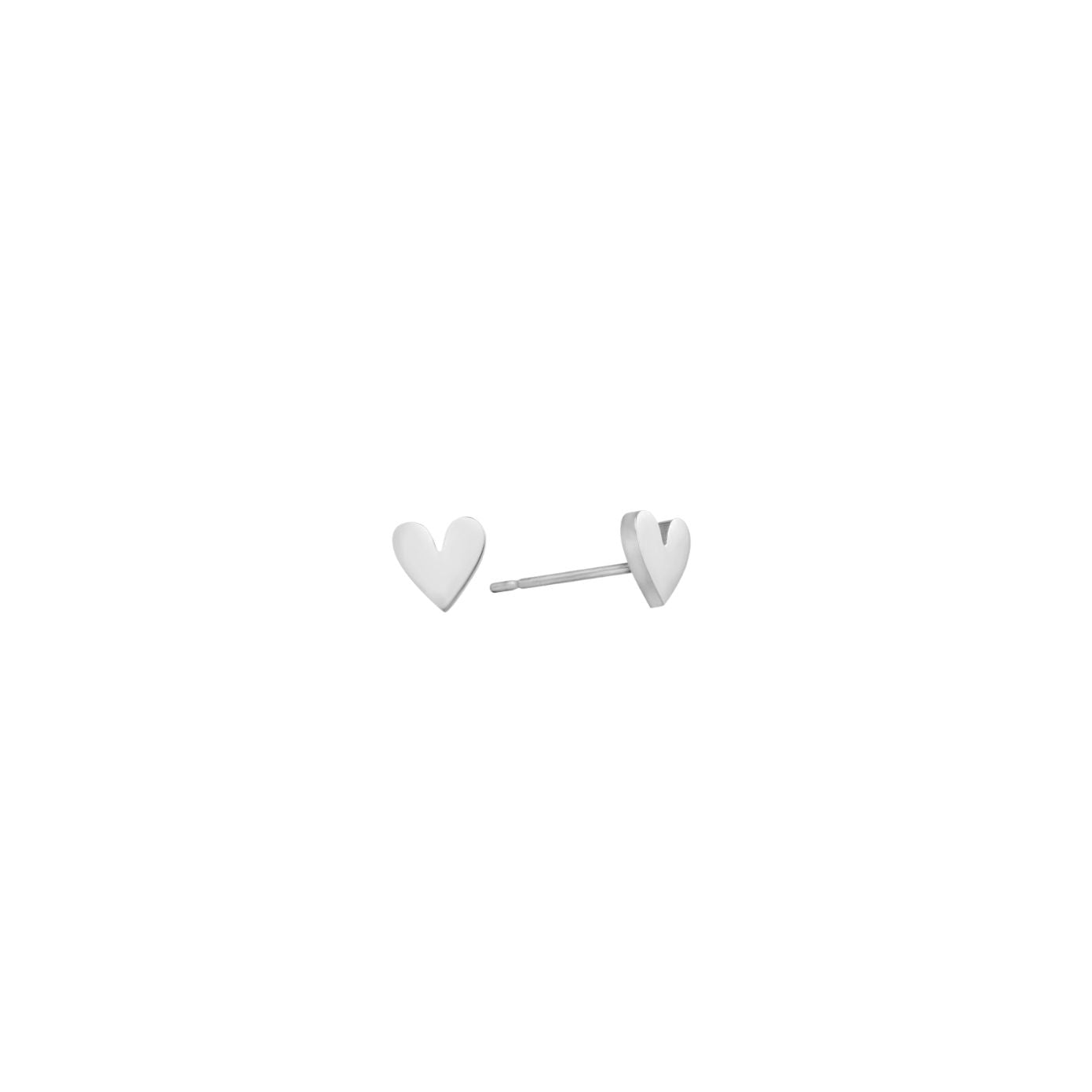 Dainty polished silver heart stud earrings, post-back, in stainless steel.