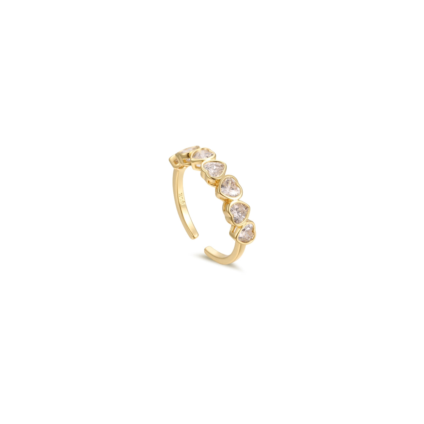 Dainty gold open adjustable ring lined with clear heart-cut cubic zirconia stones, 18k gold plating.