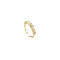 Dainty gold open adjustable ring lined with clear heart-cut cubic zirconia stones, 18k gold plating.