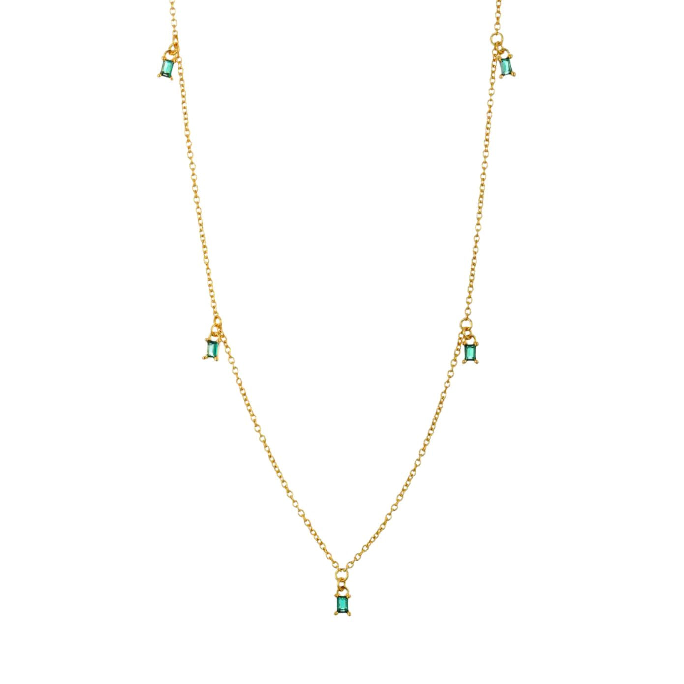 Dainty gold fine chain necklace with green cubic zirconia baguette drops at intervals, in 18k gold plating.