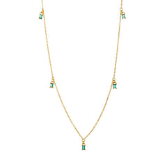 Dainty gold fine chain necklace with green cubic zirconia baguette drops at intervals, in 18k gold plating.