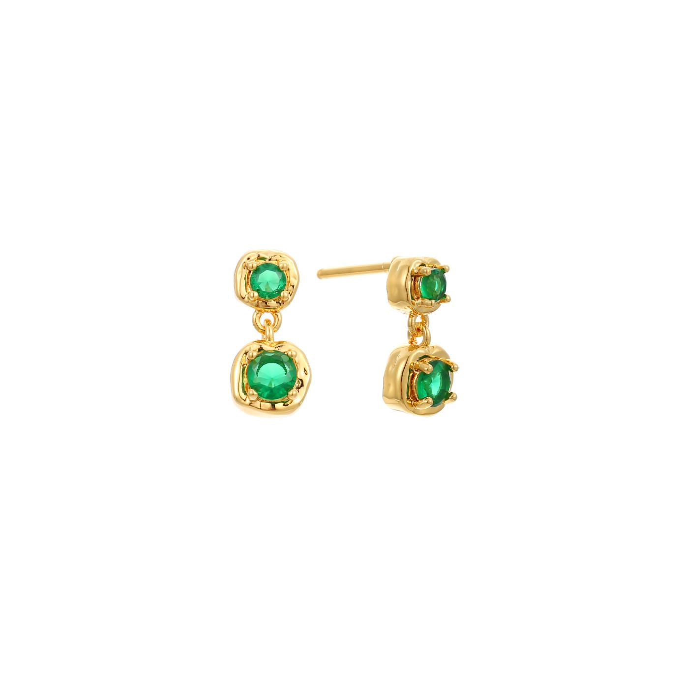 Gold drop earrings with two round green cubic zirconia stones in organic molten bezels, post-back, in 18k gold plating.