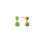 Gold drop earrings with two round green cubic zirconia stones in organic molten bezels, post-back, in 18k gold plating.