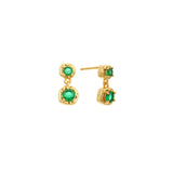 Gold drop earrings with two round green cubic zirconia stones in organic molten bezels, post-back, in 18k gold plating.