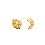 Chunky gold ribbed half-hoop stud earrings with a multi-line texture, post-back, in 18k gold plating.