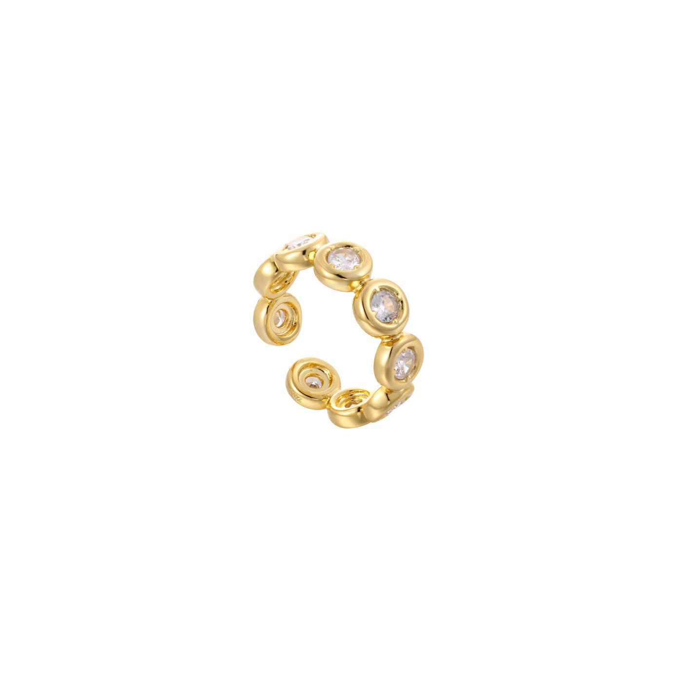 Gold open adjustable eternity-style ring with round bezel-set clear cubic zirconia, 18k gold plating.