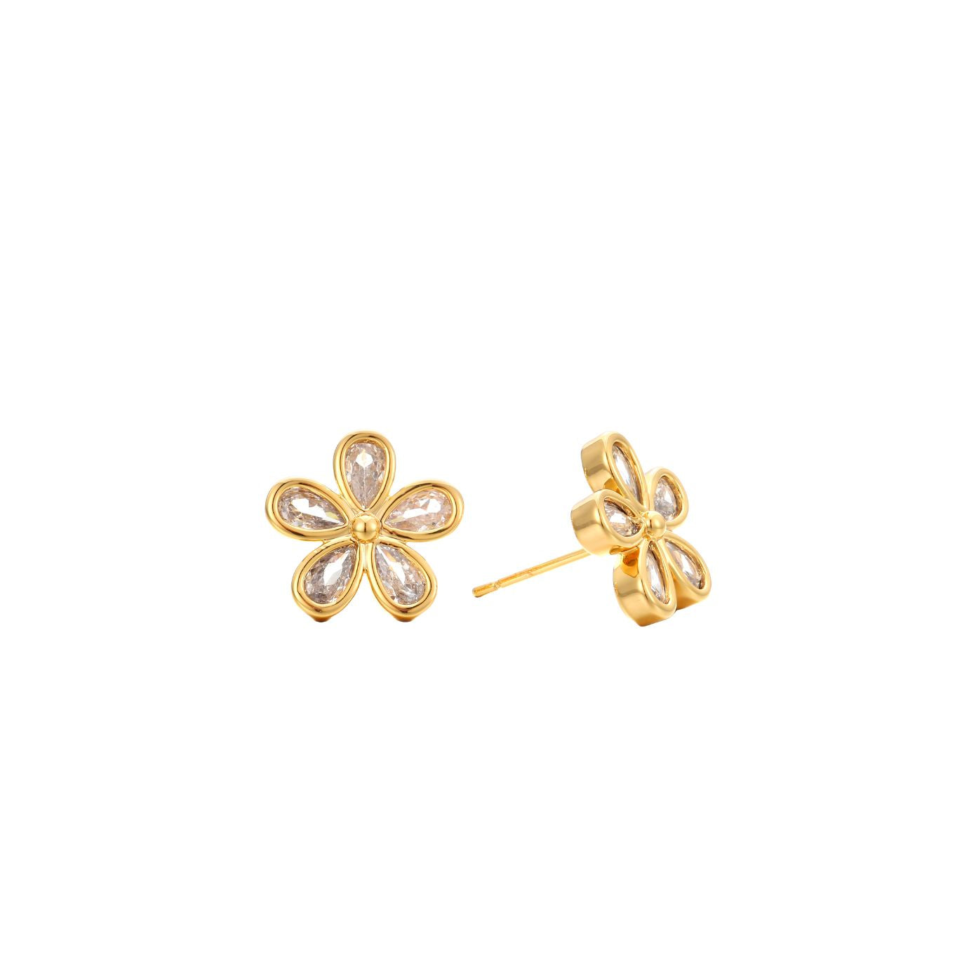 Gold flower stud earrings with five clear pear-cut cubic zirconia petals and a gold centre, post-back, in 18k gold plating.