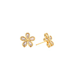 Gold flower stud earrings with five clear pear-cut cubic zirconia petals and a gold centre, post-back, in 18k gold plating.