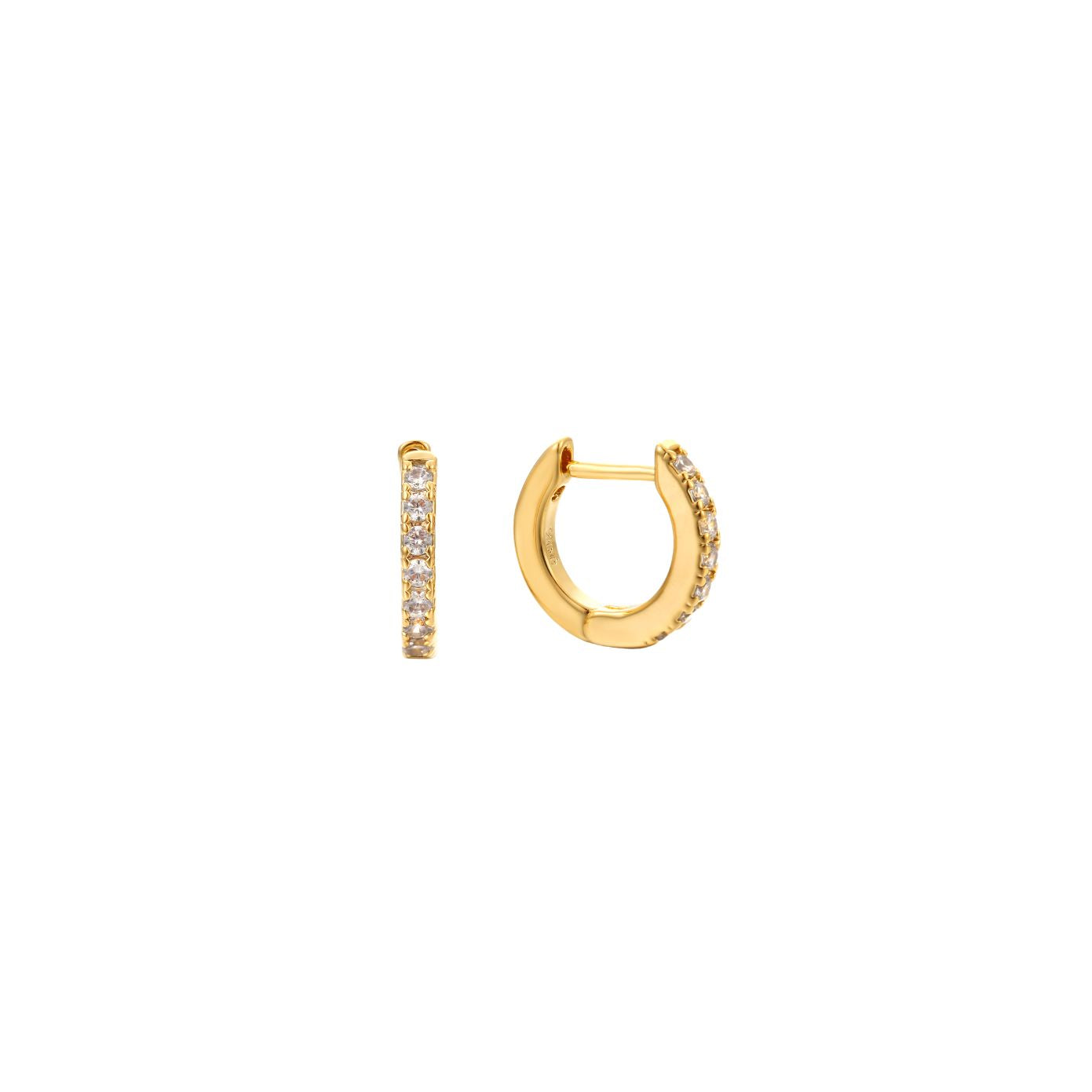 Gold pavé cubic zirconia huggie hoop earrings with a hinged closure, in 18k gold plating.